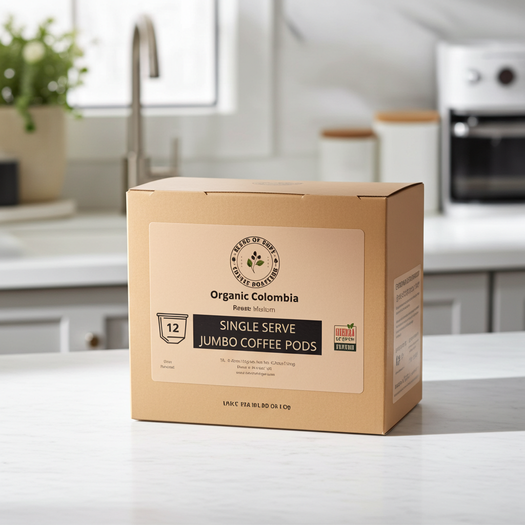 Box of Organic Colombia coffee pods on a kitchen counter